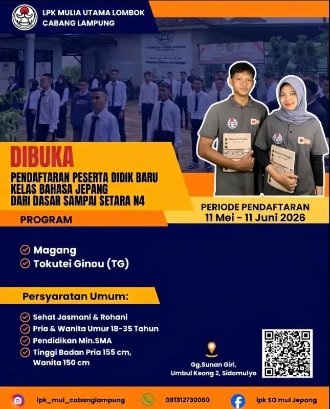 Hallo Sekelik Lampung! Solusinya Kerja di Jepang LPK MUL Jaring Pendaftaran Peserta Didik Baru Gelombang II tahun 2026